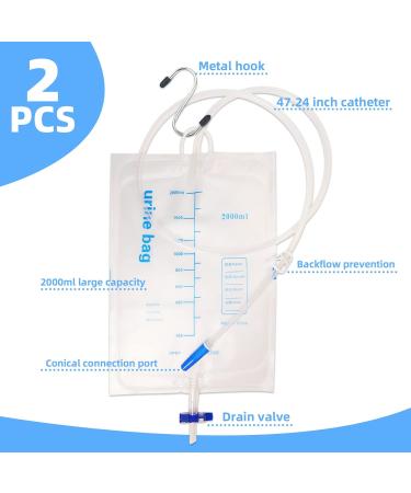 Extra Large Urinary Drain Bags 2000ml - Unisex Medical Drainage Bags with Anti Reflux Valve & Metal Hook (2 Pack) - International Shipping Available - Buy Online on GoSupps.com