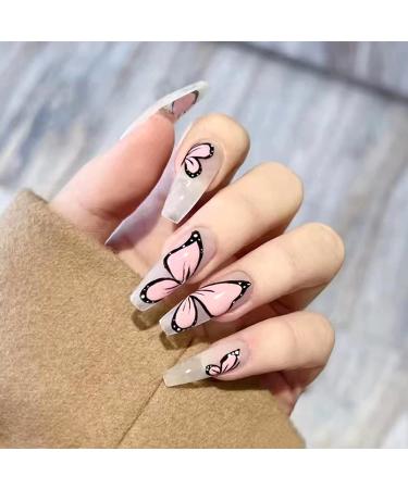 Butterfly Press on Nails Long, 24Pcs Pink Butterfly Exquisite Design Fake Nails Full Cover Acrylic Nails Glossy Square Glue on Nails for Spring Nail Art Decorations Artificial Stick on Nails for Women Transparent Pink Butterfly