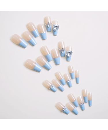 French Tip Press on Nails - Mid length Press On Nails with Nail Tips Blue Edge Love Diamond Chain Design Glossy white press on nails Acrylic False Nails Cute Artificial Nails - Buy Online on GoSupps.com