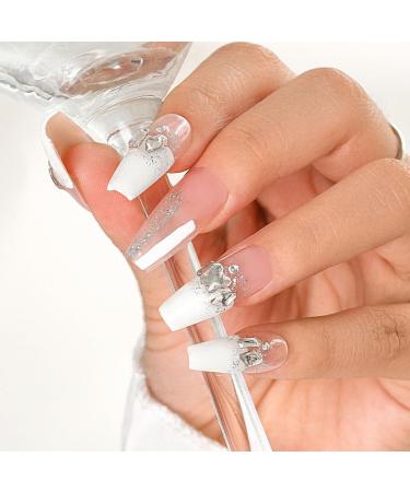 Sethexy French long coffin false nails Handmade Strass glitter false nails with 3D crystal nails to press hand-painted hand-painting acrylic glittering sticker nails for women and girls