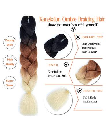 Fanyu 3 Packs 24 Synthetic Braiding Hair - Ombre Jumbo Braids Extensions for Crochet (DB-Black-Brown Blonde) - Buy Online on GoSupps.com