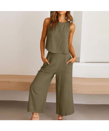 Women's Summer Two Piece Set - Sleeveless Crop Top and Capri Pants in Khaki - Size Medium - Buy Online on GoSupps.com