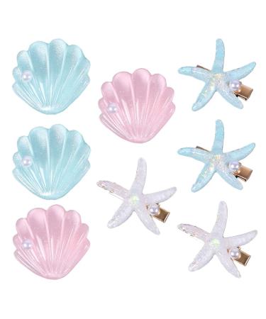 chuang 8 Pcs Starfish Sea Shell Princess Hair Clips  Beach Hair Accessories Mermaid Costume Accessories for Women Girls Kids  Blue  White  Pink  Pack of 1