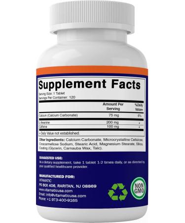 Vitamatic L-Theanine 200mg with Caffeine 100mg - Nootropic Supplement for Focused Energy | 120 Vegetarian Tablets - International Shipping Available - Buy Online on GoSupps.com