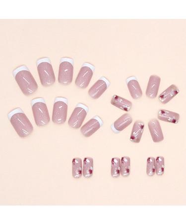 Buy Medium Length Press On Nails - White French Tip & Floral Design | 24 Pcs Square Acrylic Fake Nails for Girls - International Shipping Available - Buy Online on GoSupps.com