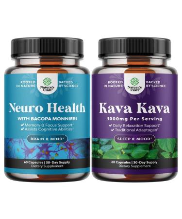 Bundle of Nootropic Brain Supplement for Memory & Focus with Bacopa Monnieri VIT A B6 Riboflavin Niacin Thiamin Folate and Kava Kava Root Extract Supplement 1000mg - Calming Capsules for Stress Relief