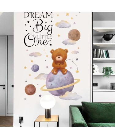 Runtoo Dream Big Little One Wall Art Sticker Inspirational Quotes Bear Space Wall Decals for Nursery Girls Bedroom Kids Home Decor Bear on Planet