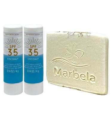 Bath & Body Works Coconut Sunscreen 2 Lip Balms Sun Protection Factor (SPF) 35 with a Natural Oats Sample Soap