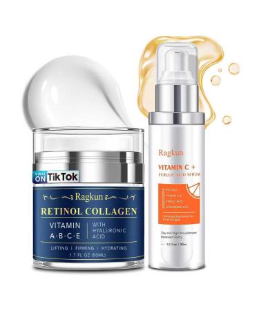 Retinol Cream for Face Collagen Neck Creams for Tightening and Firming Anti Aging Day & Night Facial Moisturizer + Super Vitamin C 20% Serum for Women Dark Spot Remover for Face