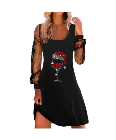 Women Fashionable Square Neck Skirt Mesh Splicing Sleeves Loose Dress Women Day Dresses Black Small