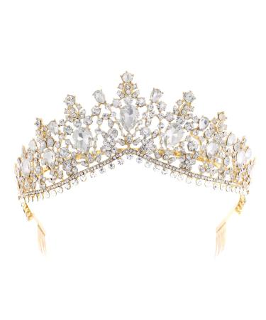Minkissy women tiara with comb crystal crown strass tiara's headband queen princess bridal crown for lady woman girls (golden and white rhinestones)