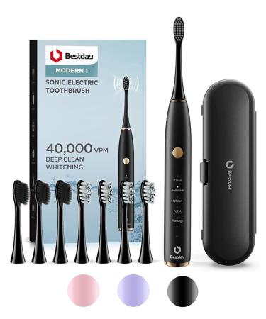 Electric Toothbrushes for Adults, Ultra Whitening Sonic Electric Toothbrush w Charcoal Bristle, 180 Days Battery Life, 8 Brush Heads & Travel Case, 5 Modes w Smart Timer for Braces, Waterproof, Black Black N Gold