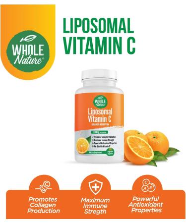 Whole Nature Liposomal Vitamin C Supplement Pills 1200 mg - High Absorption 180 Vegan Capsules Fat Soluble VIT C Maximum Strength Immune System and Collagen Booster Sunflower Lecithin - Buy Online on GoSupps.com