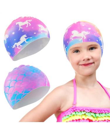2 pieces waterproof children's swimming cap silicone elastic girls swimming cap purple unicorn & mermaid