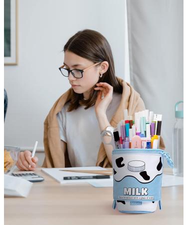 Sooez Standing Pencil Case Cute Milk Pop Up Pencil Case Durable Pen Pouch Telescopic Pencil Holder Case Kawaii Stand Up Pencil Case Spacious Pencil Pouch Portable Pencil Bag for School Office Blue - Milk - Buy Online on GoSupps.com