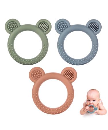 Eascrozn Baby Teething Toys for Babies 0-6 Months Set of 3 Baby Toys 6 to 12 Months BPA Free Soft and Textured Bear Ring Silicone Teether Relief Soothing Sore Gums Chew Infant Toys
