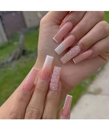 RUNRAYAY Pink French Press on Nails with Sequins Design Gradient Nail Tips Stick Glue on Nail Fake Nails for Women Acrylic Full Cover Coffin Spring Summer