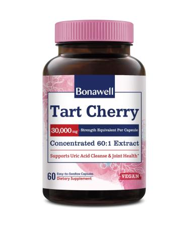 Bonawell Tart Cherry 60:1 Extract 30000mg Strength Made from Montmorency Tart Cherries Powerful Uric Acid Cleanse for Joint Comfort 2 Month Supply 60 Capsules