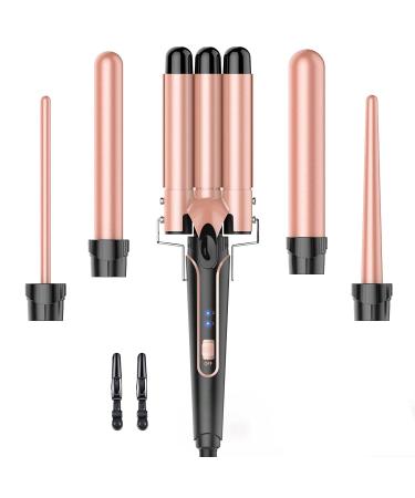 Waver Curling Iron Wand BESTOPE PRO 5 in 1 Curling Wand Set with 3 Barrel Hair Crimper for Women Fast Heating Hair Wand Curler in All Hair Type - Apricot