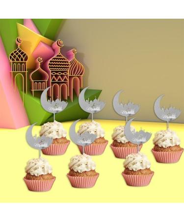 Eid Mubarak Cupcake Toppers 10pcs Eid Acrylic Cupcake Topper Ramadan Cake Decorations Kareem Party Supplies for Muffin Cake Silver - Buy Online on GoSupps.com