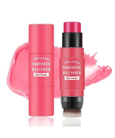 Blush Stick with Brush  Waterproof Makeup Blush 3 In 1 Cheek Blush & Lip Tint & Eye Shadow Makeup Stick  Long Lasting Waterproof  Cream Blush Makeup for All Skin Tones(Rose Pink)