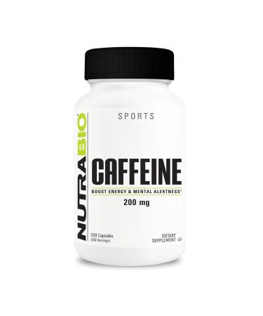NutraBio 100% Pure Caffeine Capsules (250 Capsules) 250 Count (Pack of 1)