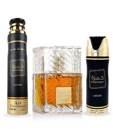 LATTAFA Khamrah Gift Set EDP - 100ML Perfumed Spray 200ML Air Freshener 300ML | Gift Set