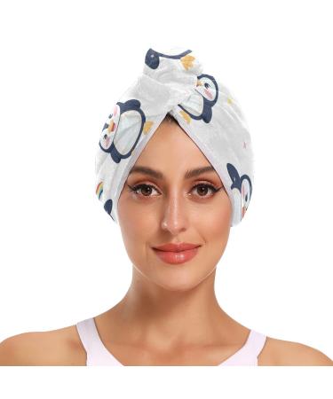 Small Lovely Penguins Hair Towel 2 Pack Super Absorbent Hair Drying Towel Quick Dry Hair Turbans Head Towel with Button Twisty Wrap for Women Girls