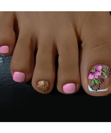 Press on Toenails Short Square Fake Toe Nails Flower Leaf False Toenails with Gold Glitters Designs Full Cover French Tip Acrylic Toenails Glossy Light Pink Stick on Toenails for Women Girls  24Pcs