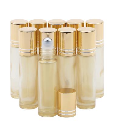 Rowiz 10pcs Essential Oils Roll on Bottles 10ml Refillable Empty Glass Rollerball Bottles with Golden Cap Perfect for Homemade Perfume Fragrance Aromatherapy Oils Pearly Golden
