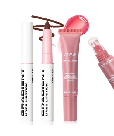 Brown Lip Liner Peptide Lip Treatment Duo Moisturizing Waterproof Long Lasting Creamy Angled Tip Lip Pencil with Nourishing Pink Lip Balm for Women Non Sticky Lip Care Juicy Lip Combo Kit Set B:#06 Dark brown+#03 Petal pop