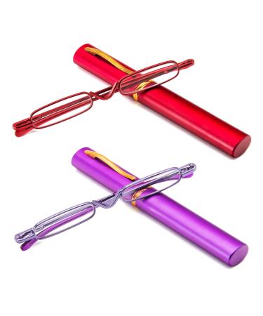 KoKoBin 2-pack Mini Slim Reading Glasses Spring Hinge Metal Reading Aid Unisex Visual Aid with Case +1.0 2 Pack +1.0