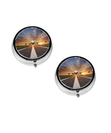 (Airport Print) Round Pill Box 3 Compartment Pill Box Mini Decorative Pocket Purse Portable Travel Medicine Tablet Vitamin Holder Organizer Pill Case