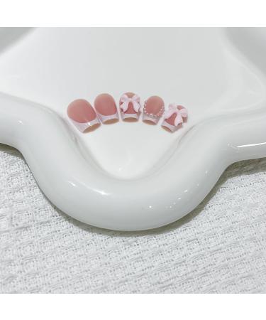 Buy French Press on Nails - Square Pink Fake Nails with Pearls & Bow Charms - 24 Pcs Summer Acrylic Full Cover for Women & Girls - Buy Online on GoSupps.com