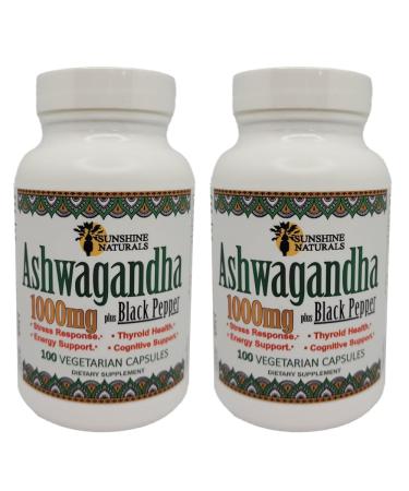 Sunshine Naturals Ashwagandha & Black Pepper Dietary Supplement. Supports Stress Relief Mood Balance Immune System Health and Energy. 1000mg. 100 Capsules. Pack of 2