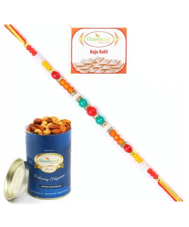 Ghasitaram Gifts Rakhi for Brother Rakhis Online - 6503 Fancy Thread Rakhi with 100 GMS of Dryfruits Mix Can 200 GMS of Kaju katli Rakhi & 100g Dryfruits Mix Can 200g Kaju katli