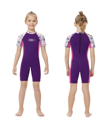 AONYIYI Kids Wetsuit for Boys Girls 2.5mm Neoprene Thermal Swimsuit Shorty Full Diving Suits Back Zip UV Protection for Child Toddler Youth Snorkelling Surfing Kayaking Shorty-Purple 7-8 Age/8