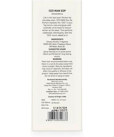 Bloom Beauty Bella Vita Luxury CEO Man Eau De Parfum | Office Wear Perfume for Men with Long Lasting Notes of Tonka and Agarwood 20 ML - Buy Online on GoSupps.com