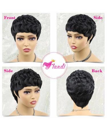 Flandi Short Curly Pixie Wig for Black Women - Synthetic Hair Short Wavy Pixie Cut with Bangs in Natual Black (1B#) - Buy Online on GoSupps.com