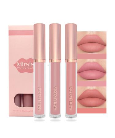 Lip Gloss Set Lipstick Set 3 Pcs Nude Lip Gloss Long Lasting Non Stick Cup Matte Liquid Lipstick Moisturizing Waterproof Pink Lipgloss Smooth Velvet Texture Lipstick Sets For Women