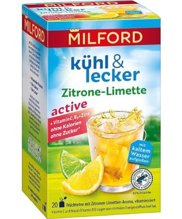 Milford cool & tasty Active lemon limette |Real fruit tea |With vitamin C |Vitamin B3 and zinc |50 g lemon limets 20 pieces (1 Pack)