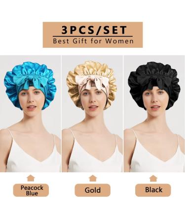 3pcs Satin Bonnets for Black Women - Large Silky Bonnet Set in B- Black, Peacock Blue, Rose Gold - Buy Online on GoSupps.com