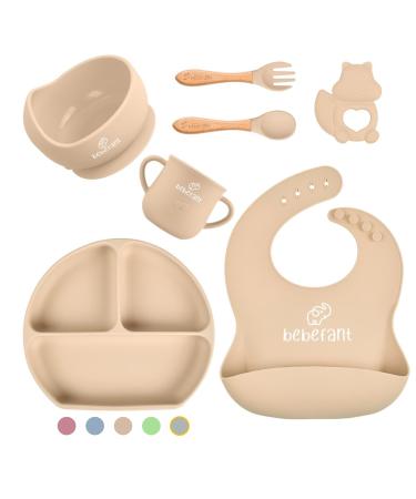Baby Weaning Set by Bebefant | Suction Bowl | Suction Plate Baby | Cup | Adjustable Bib with Pocket | Bamboo Fork & Spoon for Baby Led Weaning | Baby Feeding Set (Neutral (Light Brown))