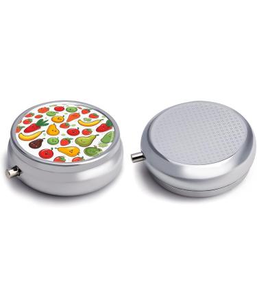 Round Pill Box with Vegetable & Fruit Print - 3 Compartment Portable Metal Pill Organizer - Buy Online on GoSupps.com