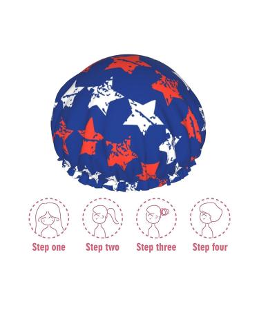 Adjustable Double Layer Waterproof Shower Cap for Women | White Red Star Blue Design | Hair Protection for Spa Salon | Reusable - Buy Online on GoSupps.com