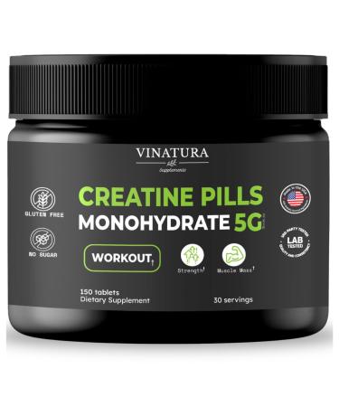 Creatine Monohydrate Pills 5g - creatine Tablets creatine Pills for Men Women creatina en capsulas *USA Made & Tested* Unflavored creatine monohydrate Powder alt 150 Tablets 30 Servings