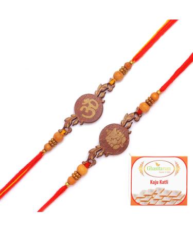 Ghasitaram Gifts Rakhi for Brother Rakhis Online - Set of 2 BW-5410 and BW-5414 Om Ganesh Divine Rakhis with 200 GMS of Kaju katli