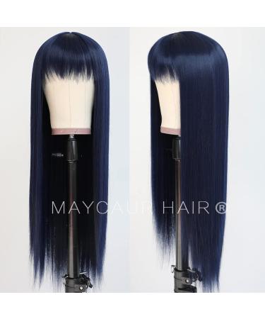 Maycaur Blue Synthetic Hair Wig with Full Bangs | Long Straight Heat Resistant No Lace Wig for Women - Dark Blue - Buy Online on GoSupps.com
