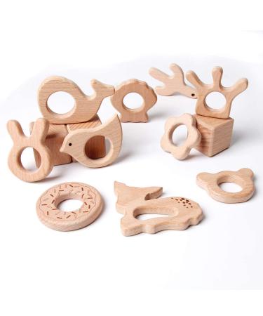 Baby Natural Wooden Teether Toy Wood Pendant Animals Bulk Safe and Satisfying Toy  Bunny Whale Bird Bear Crown Shell Flower Cactus Doughnut Deer