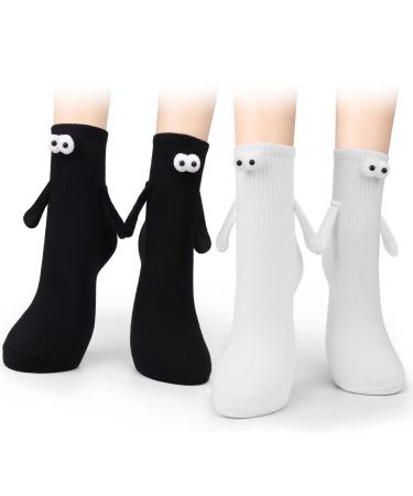 BSRESIN 2 Pair Magnetic Socks (Hand in Hand) for Couples Hand Holding Socks for Women Friends Best Friend Magnet Socks for Friendship (Black+White)